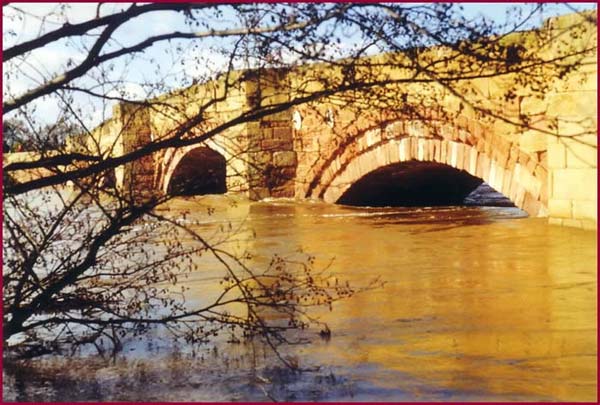 South side of Bangor-on-Dee Bridge with the river Dee in flood viewed from near the War Memorial